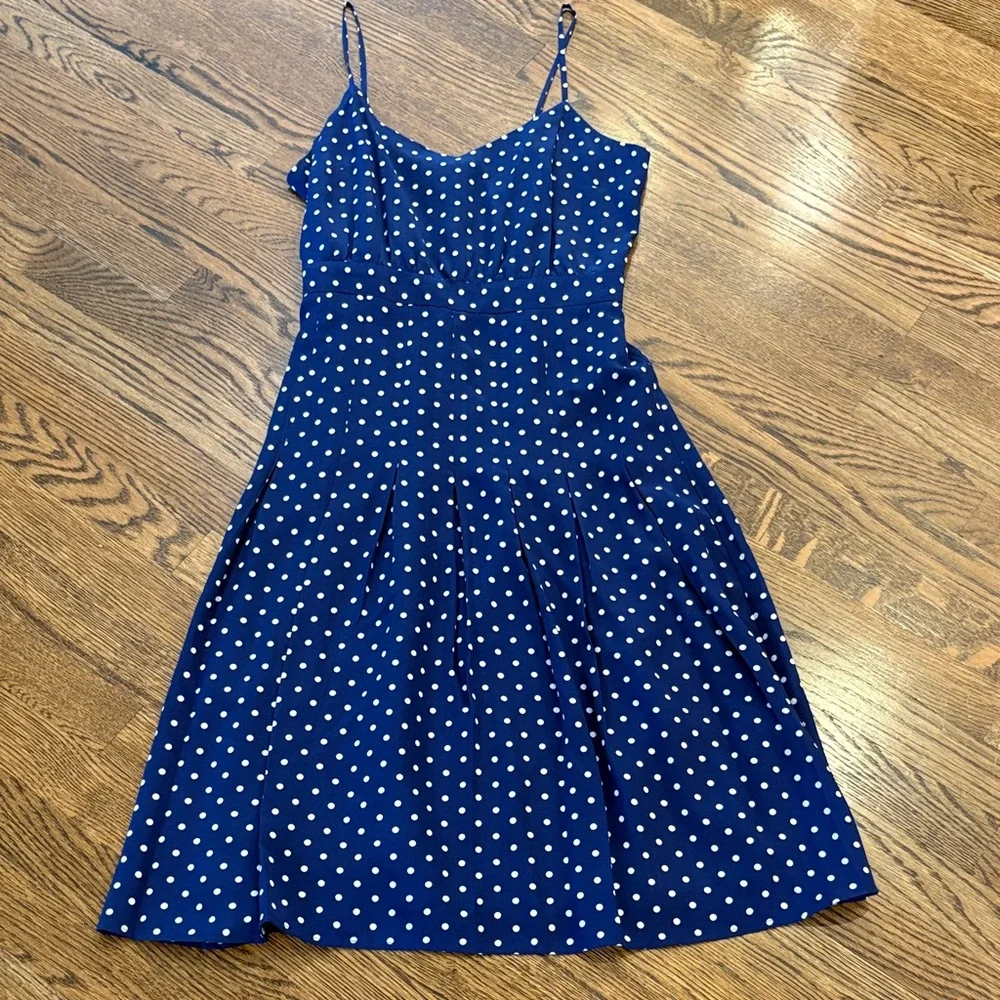 J. Crew Blue Polka Dot Spaghetti Strap Dress, 100% silk, 2